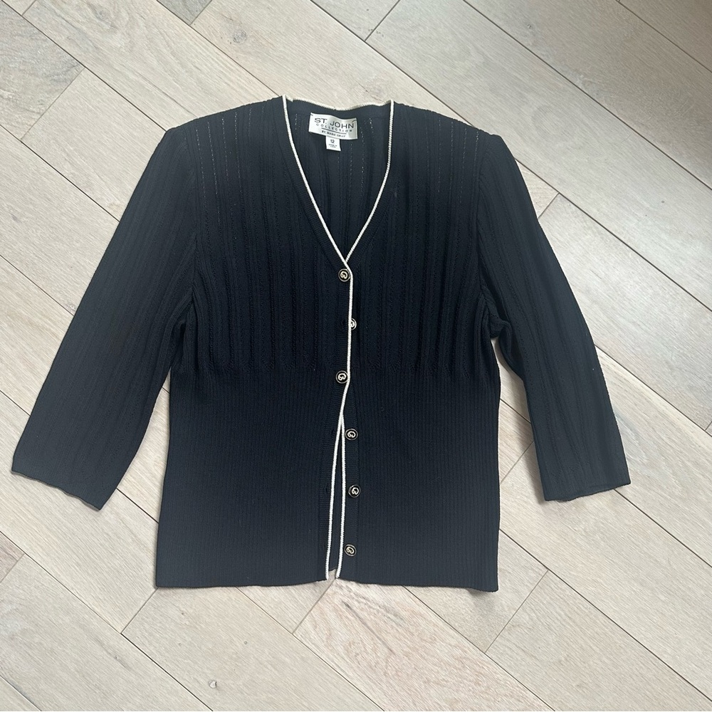 St. John Black Cardigan with White Trim